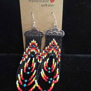 Indian country beaded earrings. Glass beads & Silver metals. #54-55